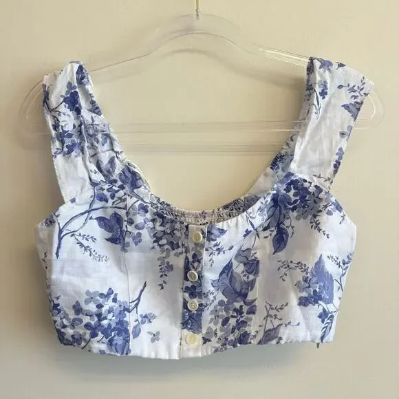 Reformation Teya Linen Two Piece Lupine Size 10 Skirt Crop Top Floral White Blue - Picture 3 of 16